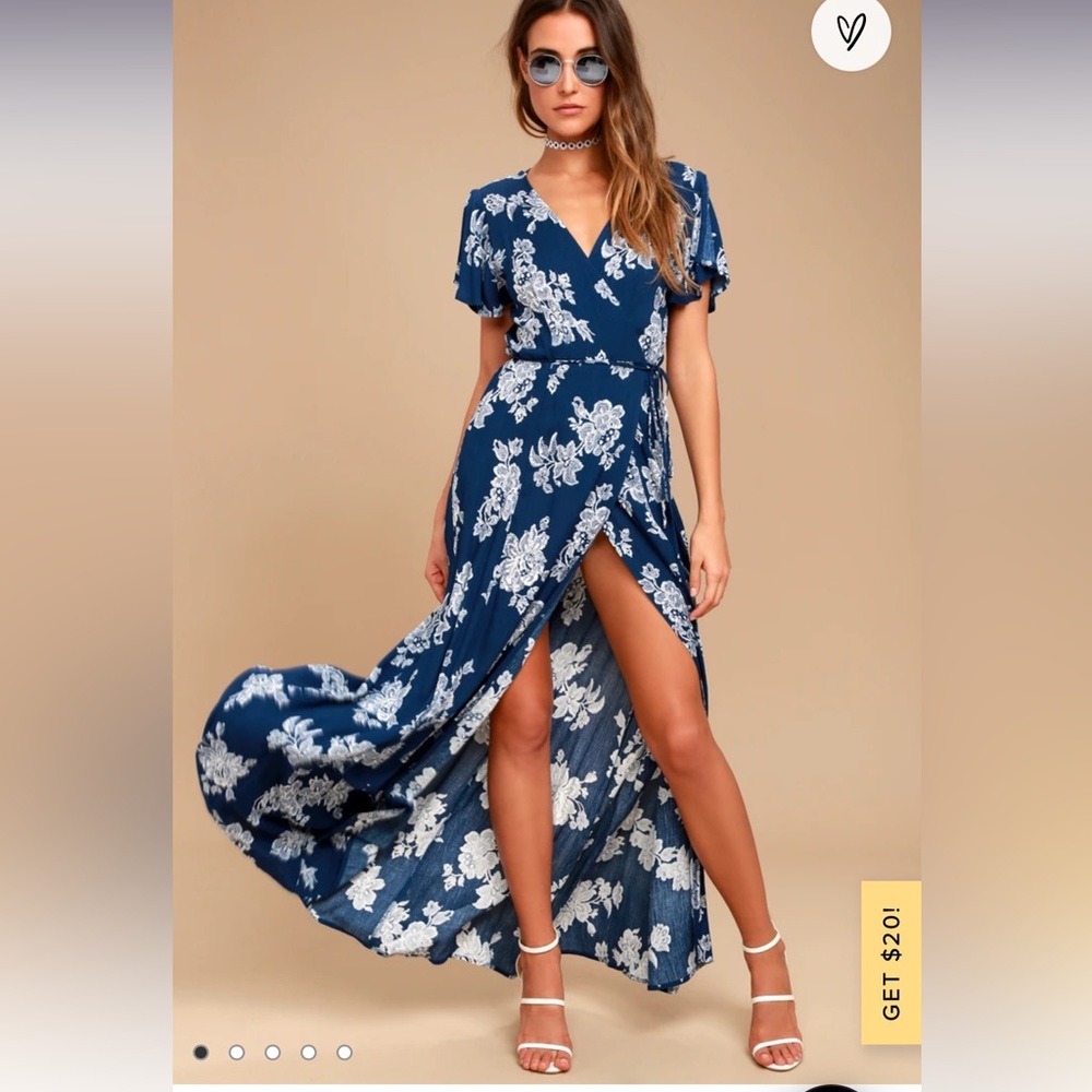 Lulus Heart of Marigold Navy Blue Floral Print Wrap Maxi Dress